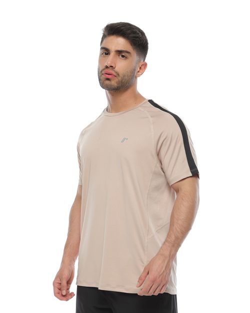 Camiseta Deportiva Manga Corta, Color Arena/Negro Para Hombre