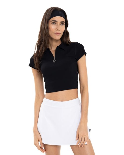 Crop Top Tipo Polo, Color Negro Para Mujer