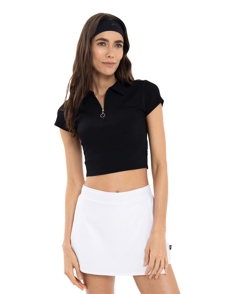 Crop Top Tipo Polo, Color Negro Para Mujer