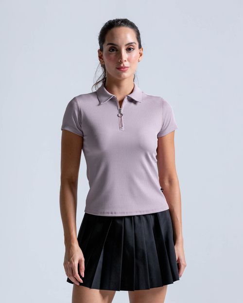 Polo En Tela Acanalada Y Con Cremallera,  Color Mora Para Mujer