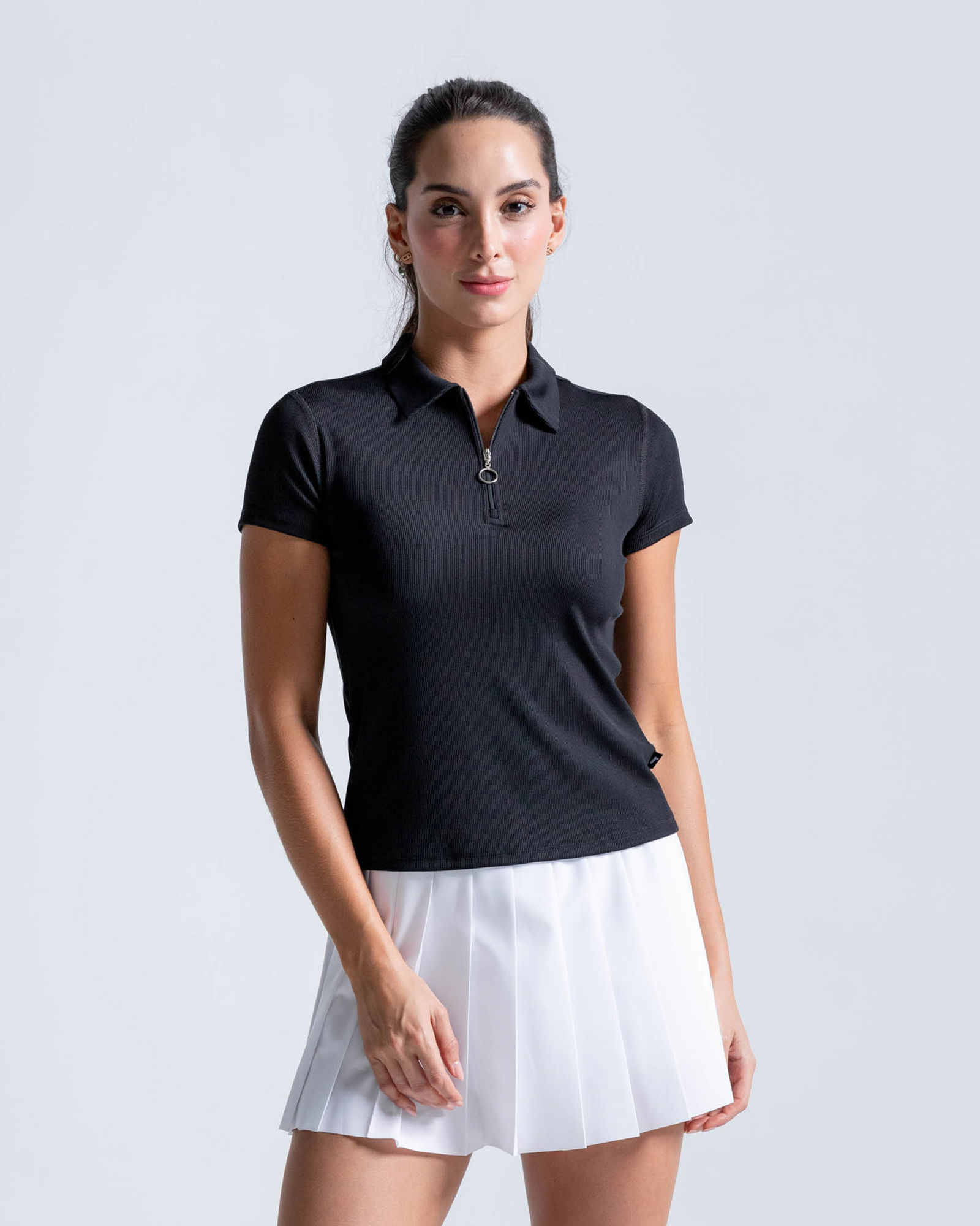 Polo En Tela Acanalada Y Con Cremallera,  Color Negro  Para Mujer