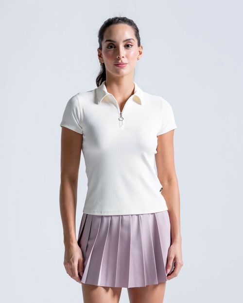Polo En Tela Acanalada Y Con Cremallera,  Color Marfil Para Mujer