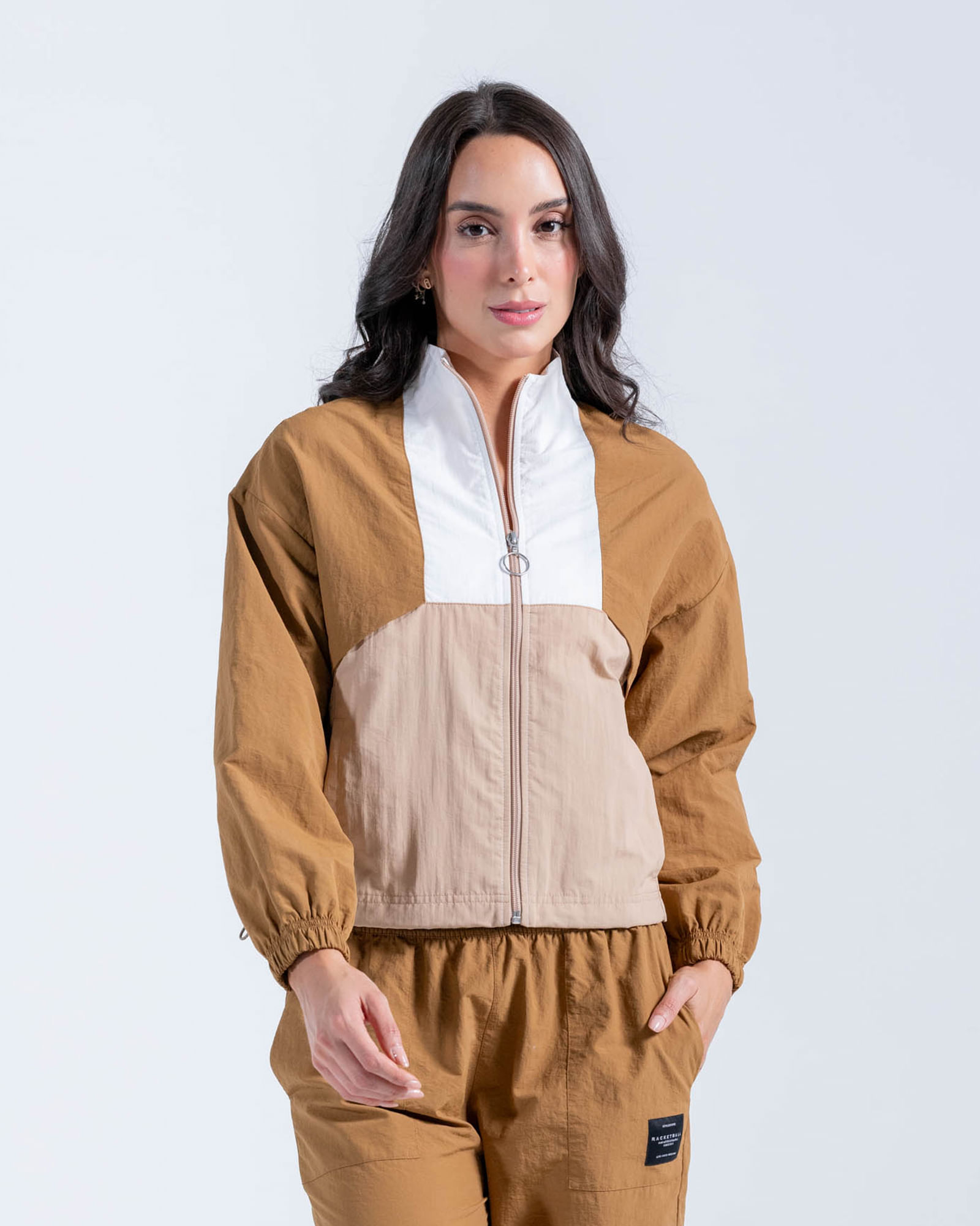 Chaqueta Con Bloques,  Color Cafe Para Mujer