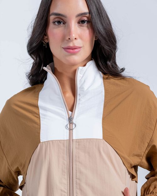 Chaqueta Con Bloques,  Color Cafe Para Mujer