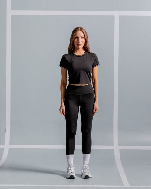 Crop Top Con Cuello Y Puños Tejidos,  Color Negro  Para Mujer