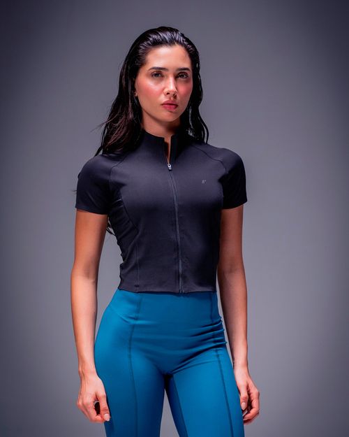 Crop Top Cuello Alto Con Cierre,  Color NEGRO  Para Mujer