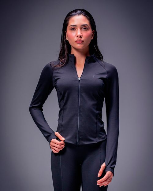 Chaqueta Ajustada Con Cuello Alto,  Color NEGRO  Para Mujer