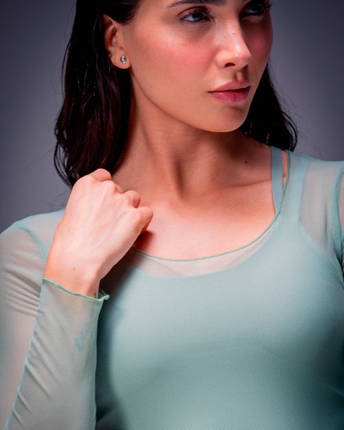 Crop Top Manga Larga Con Transparencia,  Color VERDE SECO Para Mujer